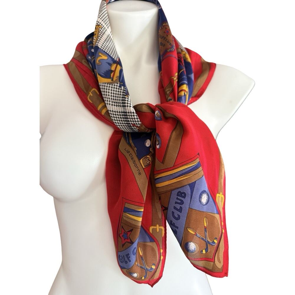 1980s Liz Claiborne Golf Print Square Scarf Red Blue Houndstooth 30x30